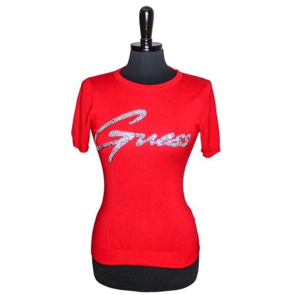 Guess Sweater Short Sleeve Rhinestone Bling Logo Red Size S - Picture 1 of 6